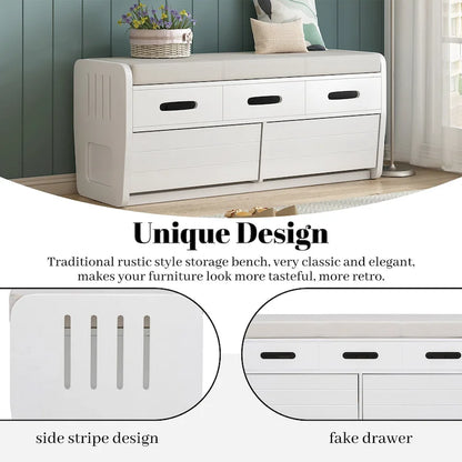 Rustic Storage Bench with 2 Drawers, Hidden Storage Space, and 3 False Drawers at the Top, Shoe Bench for Living Room, Entryway