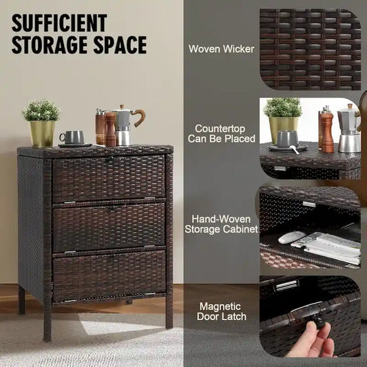 HOMEFUN Rattan Storage Cabinet With 3 drawers