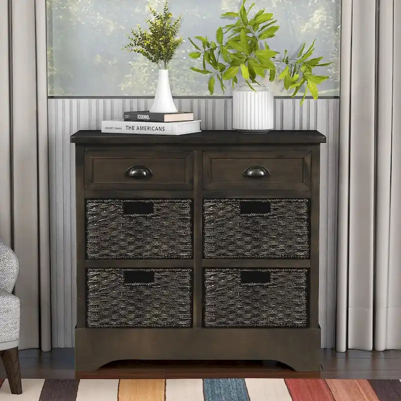 Rustic Storage Cabinet with Two Drawers and Four Classic Rattan Basket for Dining Room/Living Room