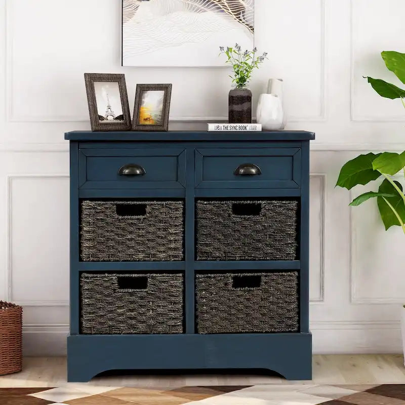 Rustic Storage Cabinet with Two Drawers and Four Classic Rattan Basket for Dining Room/Living Room
