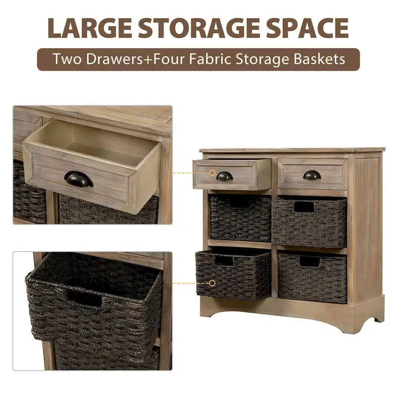Rustic Storage Cabinet with Two Drawers and Four Classic Rattan Basket for Dining Room/Living Room