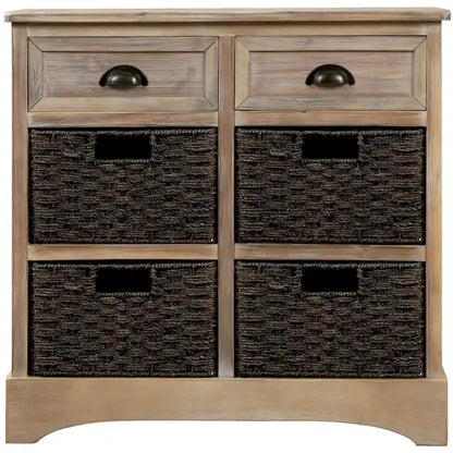 Rustic Storage Cabinet with Two Drawers and Four Classic Rattan Basket for Dining Room/Living Room