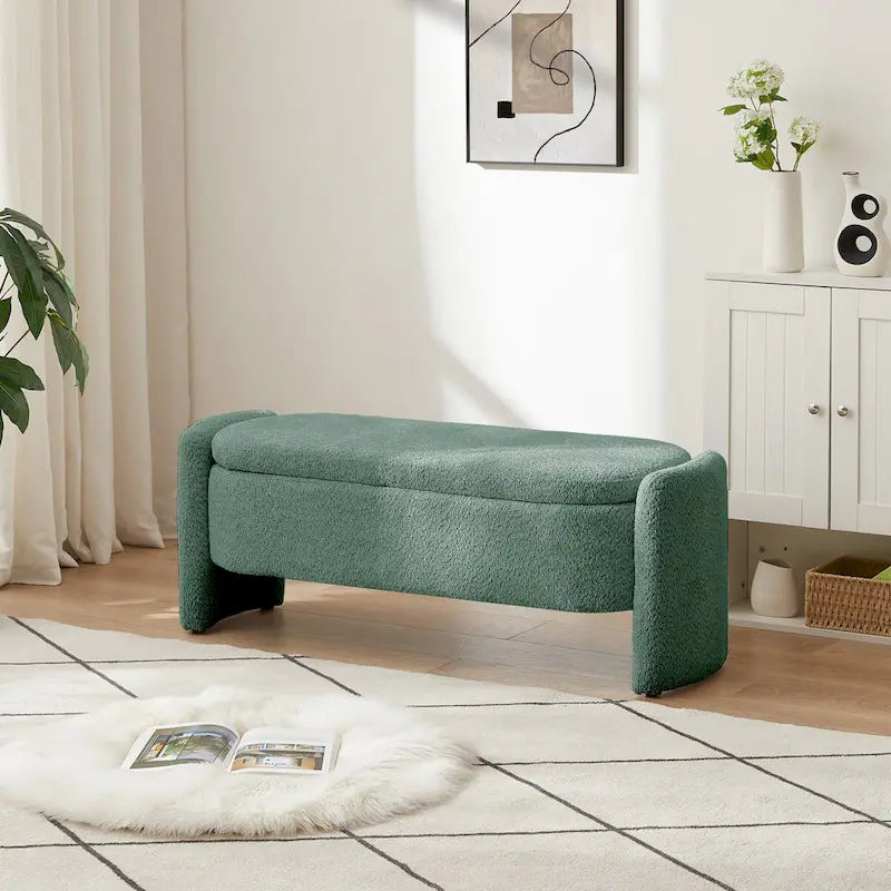 Ottoman Oval Storage Bench 3D Lamb Fleece Fabric Bench with Large Storage Space for the Living Room, Entryway and Bedroom