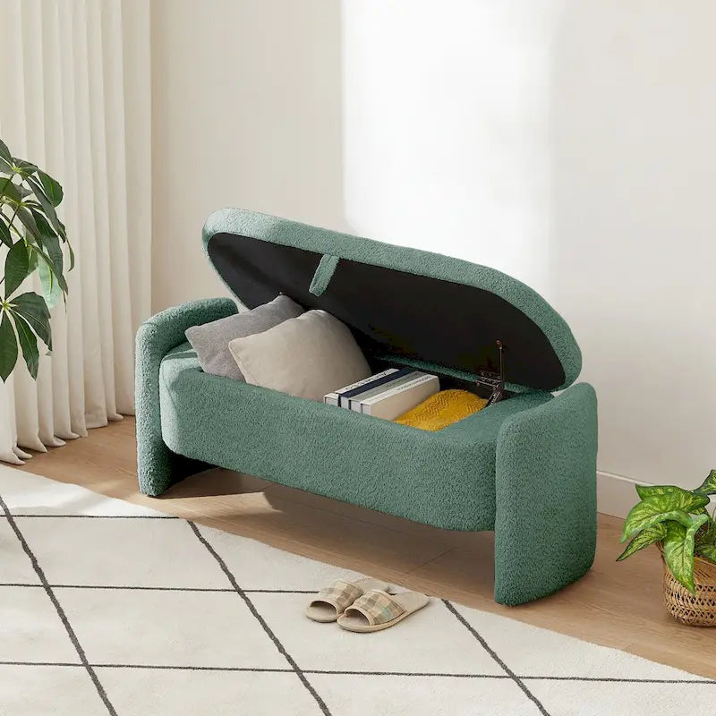 Ottoman Oval Storage Bench 3D Lamb Fleece Fabric Bench with Large Storage Space for the Living Room, Entryway and Bedroom