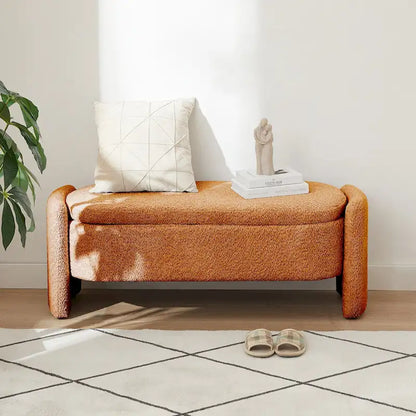 Ottoman Oval Storage Bench 3D Lamb Fleece Fabric Bench with Large Storage Space for the Living Room, Entryway and Bedroom