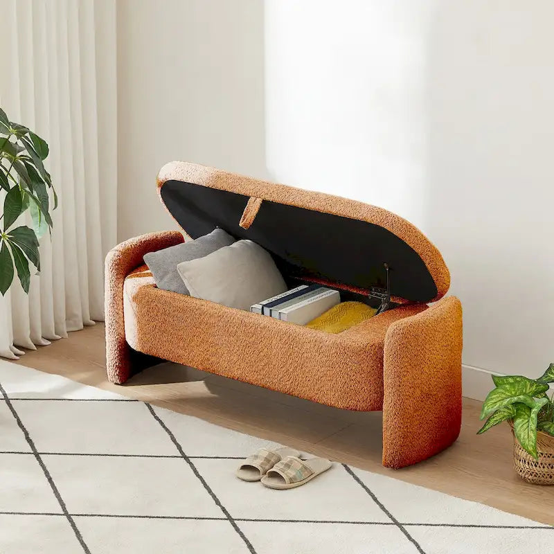 Ottoman Oval Storage Bench 3D Lamb Fleece Fabric Bench with Large Storage Space for the Living Room, Entryway and Bedroom