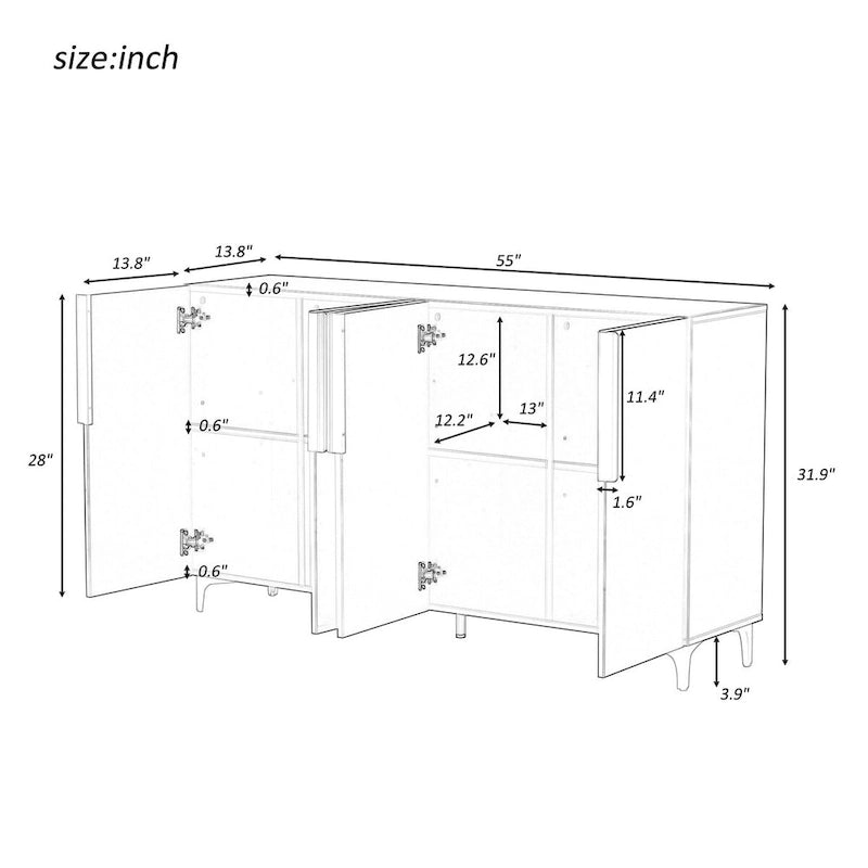 55 Sideboard Storage Cabinet with Adjustable Shelves, Glossy Finish