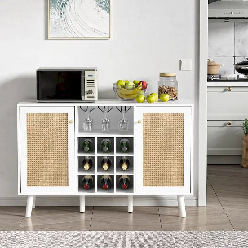 Anmytek 2-Door Modern Kitchen Buffet Sideboard Storage Cabinet with Wine Rack and Glass Holder