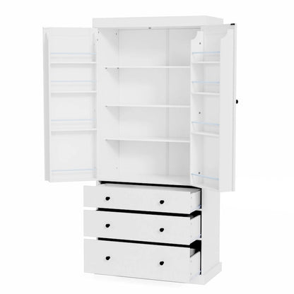 77inch Kitchen Pantry, Freestanding Tall Cupboard Storage Cabinet with 3 Adjustable Shelves,8 Door Shelves,3 Drawers for Kitchen