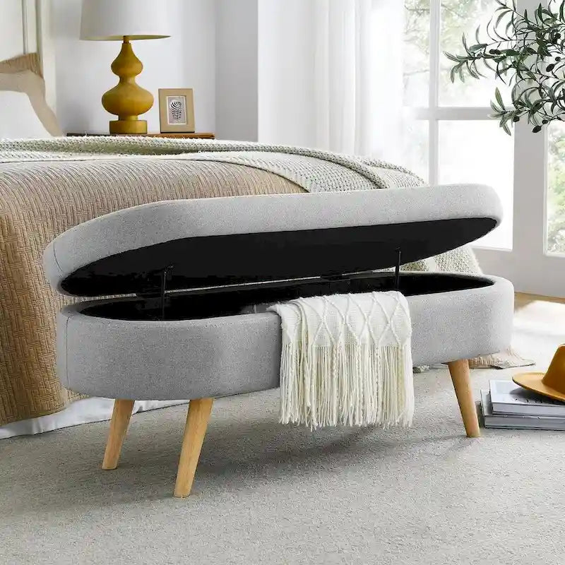 Modern Oval Storage Bench with Wood Legs