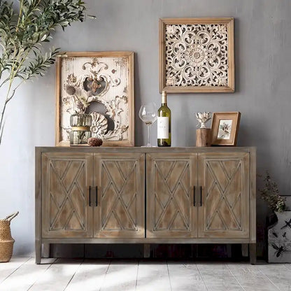 4 Door Wooden Twill Sideboard American Country Vintage Old Living Room Dining Room Hallway Entryway Cabinet