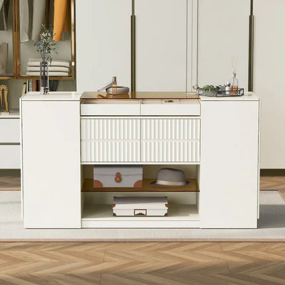 Multi-Functional Island Vanity Dresser and Storage Cabinet with Glass Tabletop, Display Shelf,6 Drawers