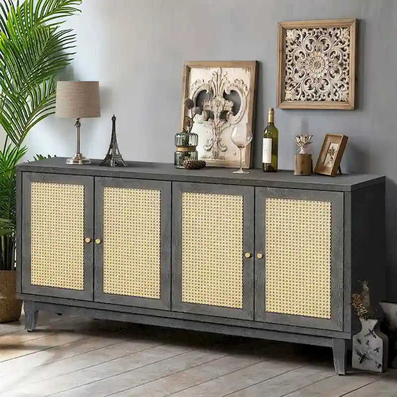 Handcrafted Premium Grain Panels,Rattan Sideboard Buffer Cabinet With 4 Rattan Doors, Modern Storage Cupboard Console Table