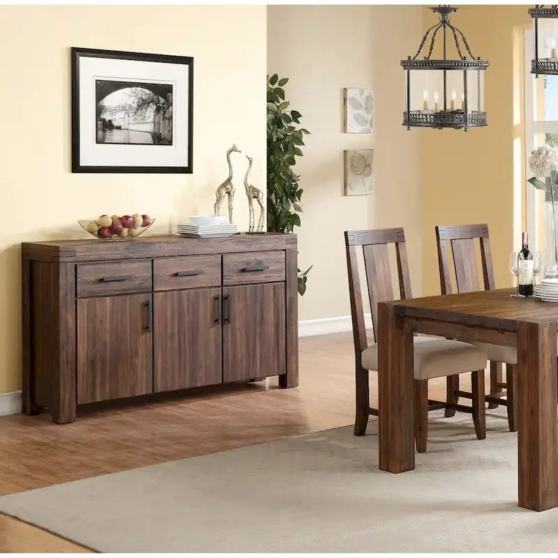 Three Drawers Solid Acacia Wood Sideboard with Three Door Cabinets, Brick Brown