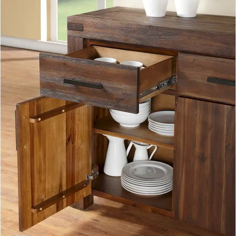 Three Drawers Solid Acacia Wood Sideboard with Three Door Cabinets, Brick Brown