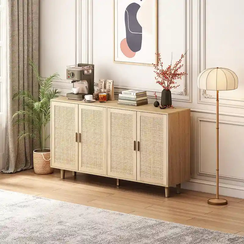 62.20 Elegant and Functional 4-Door Rattan Decorative Storage Cabinet,for Bedroom,Living Room,Office,Easy Assembly