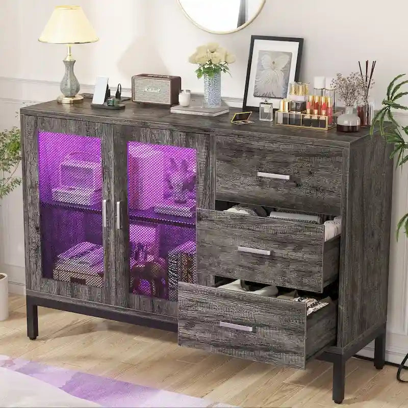 Sideboard Buffet Wood Storage Accent Bar Cabinet with Charge Station and LED Lights - 45.27 W
