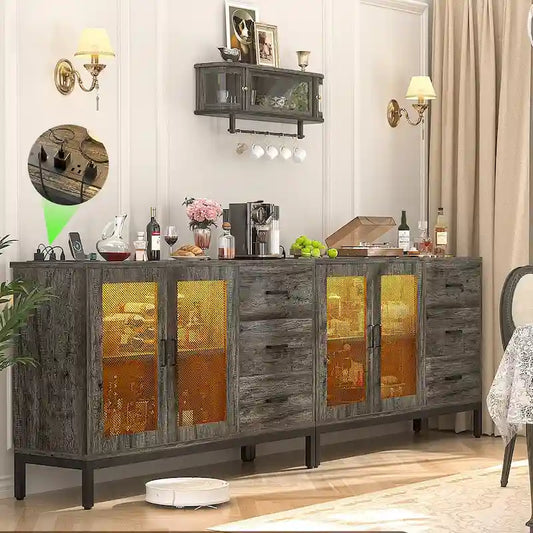 Sideboard Buffet Wood Storage Accent Bar Cabinet with Charge Station and LED Lights - 45.27 W