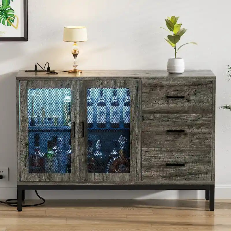 Sideboard Buffet Wood Storage Accent Bar Cabinet with Charge Station and LED Lights - 45.27 W