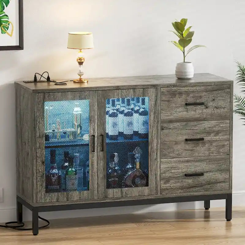 Sideboard Buffet Wood Storage Accent Bar Cabinet with Charge Station and LED Lights - 45.27 W