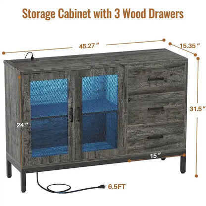 Sideboard Buffet Wood Storage Accent Bar Cabinet with Charge Station and LED Lights - 45.27 W