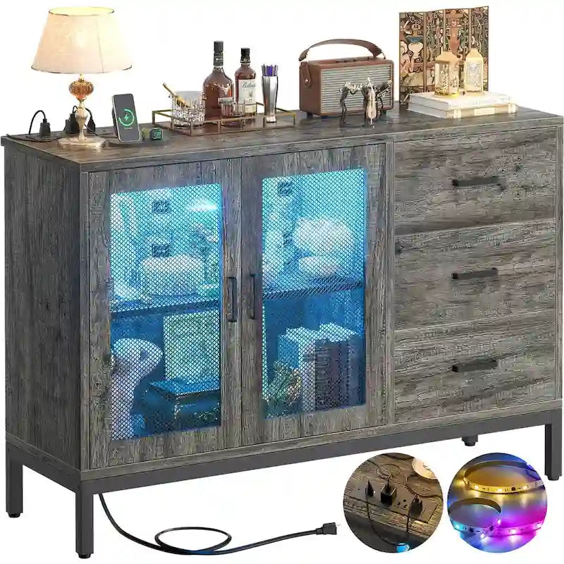 Sideboard Buffet Wood Storage Accent Bar Cabinet with Charge Station and LED Lights - 45.27 W