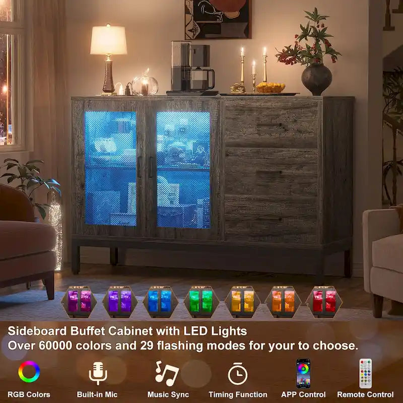 Sideboard Buffet Wood Storage Accent Bar Cabinet with Charge Station and LED Lights - 45.27 W