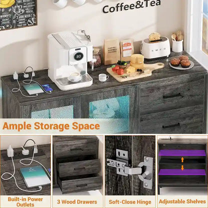 Sideboard Buffet Wood Storage Accent Bar Cabinet with Charge Station and LED Lights - 45.27 W