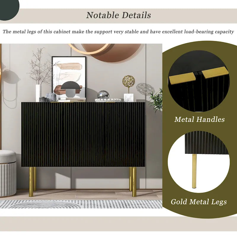 Sideboard Cabinet with Gold Metal Legs, Handles and Adjustable Shelves - 47L x 16.5W x 35.5H