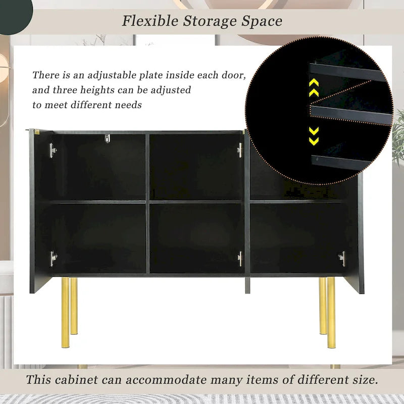 Sideboard Cabinet with Gold Metal Legs, Handles and Adjustable Shelves - 47L x 16.5W x 35.5H
