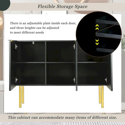 Sideboard Cabinet with Gold Metal Legs, Handles and Adjustable Shelves - 47L x 16.5W x 35.5H