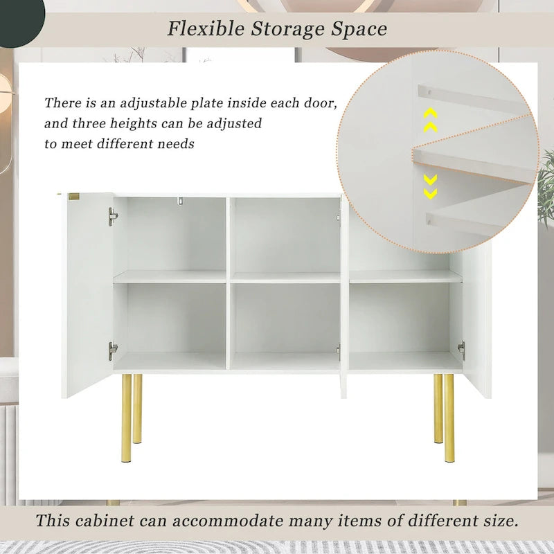 Sideboard Cabinet with Gold Metal Legs, Handles and Adjustable Shelves - 47L x 16.5W x 35.5H