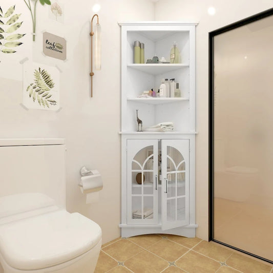 Corner Storage Cabinet, 63.3 Tall Freestanding Bookcase with Doors & Adjustable Shelves, 5-Tier Corner Display Cabinet