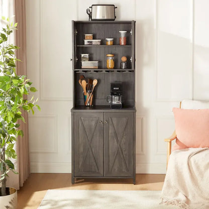 Coffee Bar Cabinet with Microwave Stand Metal Frame Side Home Source Bar Cabinet Cabinet and Hollow out Barn Design Wood Cabinet