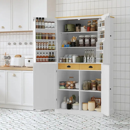 40.2x20x71.3inch High Freestanding Kitchen Pantry Large Cupboard Storage Cabinet with 2 Drawers, 2 Adjustable 8 Door Shelves