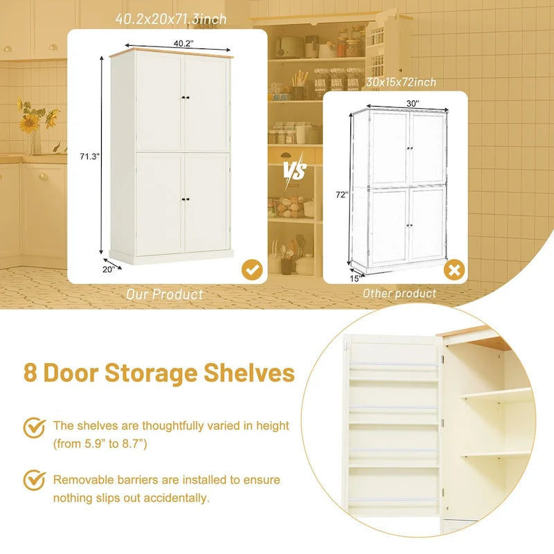 40.2x20x71.3inch High Freestanding Kitchen Pantry Large Cupboard Storage Cabinet with 2 Drawers, 2 Adjustable 8 Door Shelves