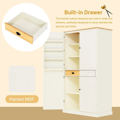 40.2x20x71.3inch High Freestanding Kitchen Pantry Large Cupboard Storage Cabinet with 2 Drawers, 2 Adjustable 8 Door Shelves