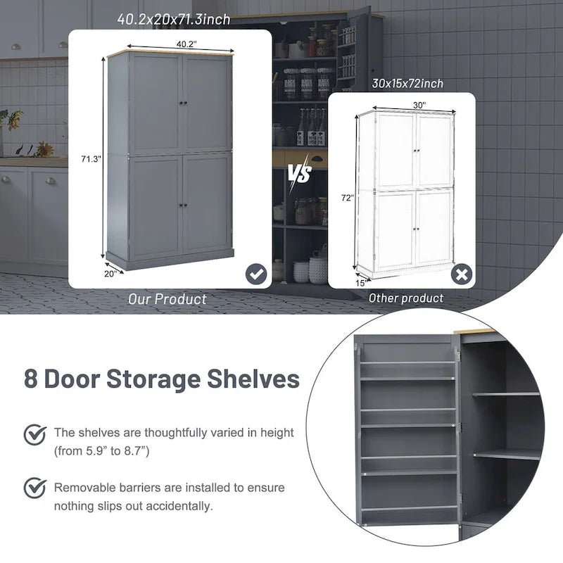 40.2x20x71.3inch High Freestanding Kitchen Pantry Large Cupboard Storage Cabinet with 2 Drawers, 2 Adjustable 8 Door Shelves