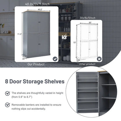 40.2x20x71.3inch High Freestanding Kitchen Pantry Large Cupboard Storage Cabinet with 2 Drawers, 2 Adjustable 8 Door Shelves