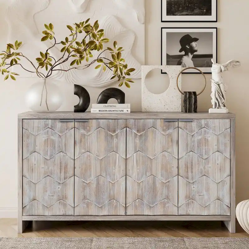 Accent Cabinet Farmhouse Style 4 Door Wooden Cabinet Sideboard Buffet Server Cabinet Storage Cabinet, for Living Room, Entryway
