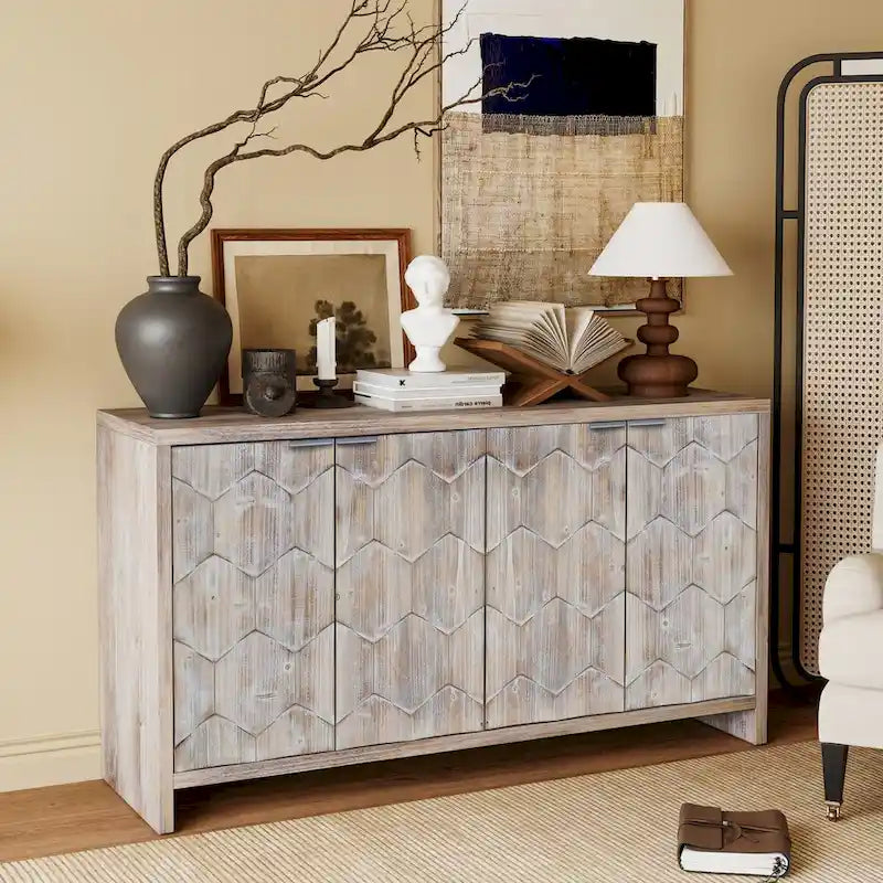 Accent Cabinet Farmhouse Style 4 Door Wooden Cabinet Sideboard Buffet Server Cabinet Storage Cabinet, for Living Room, Entryway