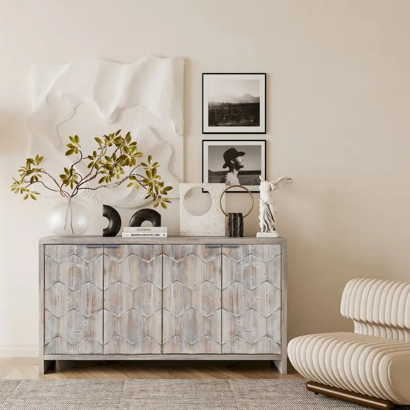 Accent Cabinet Farmhouse Style 4 Door Wooden Cabinet Sideboard Buffet Server Cabinet Storage Cabinet, for Living Room, Entryway