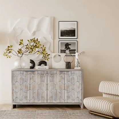 Accent Cabinet Farmhouse Style 4 Door Wooden Cabinet Sideboard Buffet Server Cabinet Storage Cabinet, for Living Room, Entryway