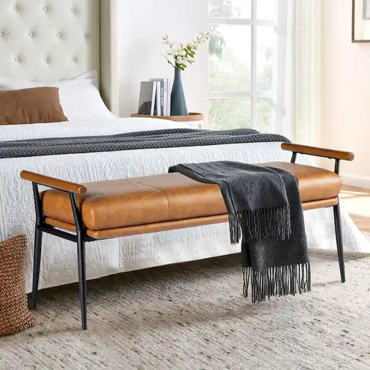 Glitzhome 48.5W Modern Upholstered Bench with Wooden Arms and Metal Legs