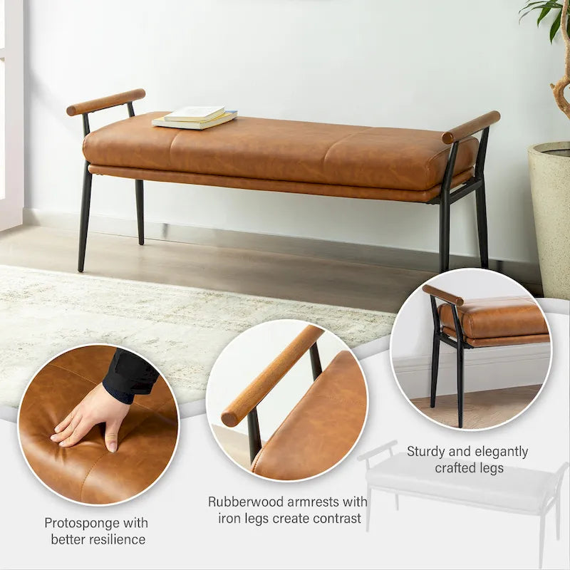 Glitzhome 48.5W Modern Upholstered Bench with Wooden Arms and Metal Legs