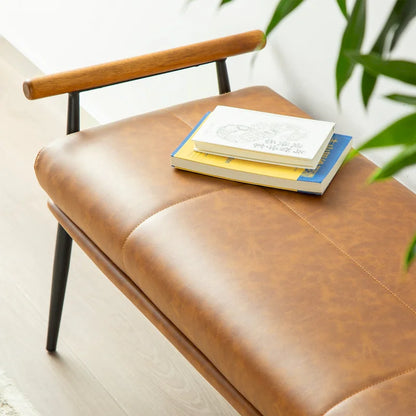 Glitzhome 48.5W Modern Upholstered Bench with Wooden Arms and Metal Legs