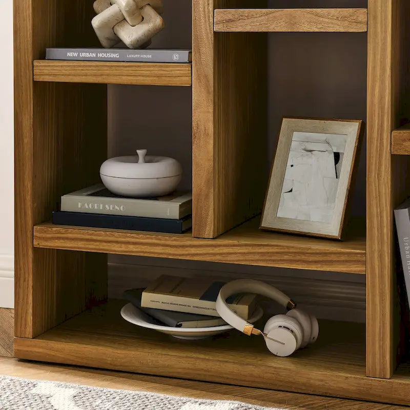 Open Wooden Open Shelf Bookcase, Freestanding Display Cabinet with 7 Cube Storage Spaces, Floor Standing Bookshelf, Entryway