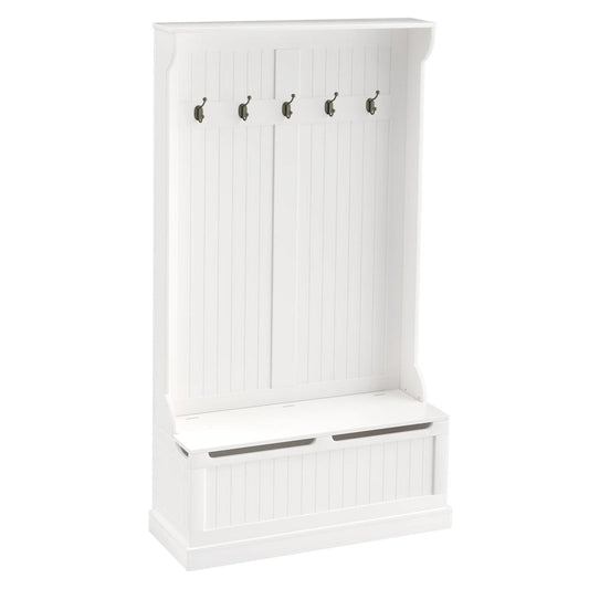 38 3-In-1 Entryway Hall Tree with Storage Bench, Coat Rack with Four Hooks and Shoe Storage, White