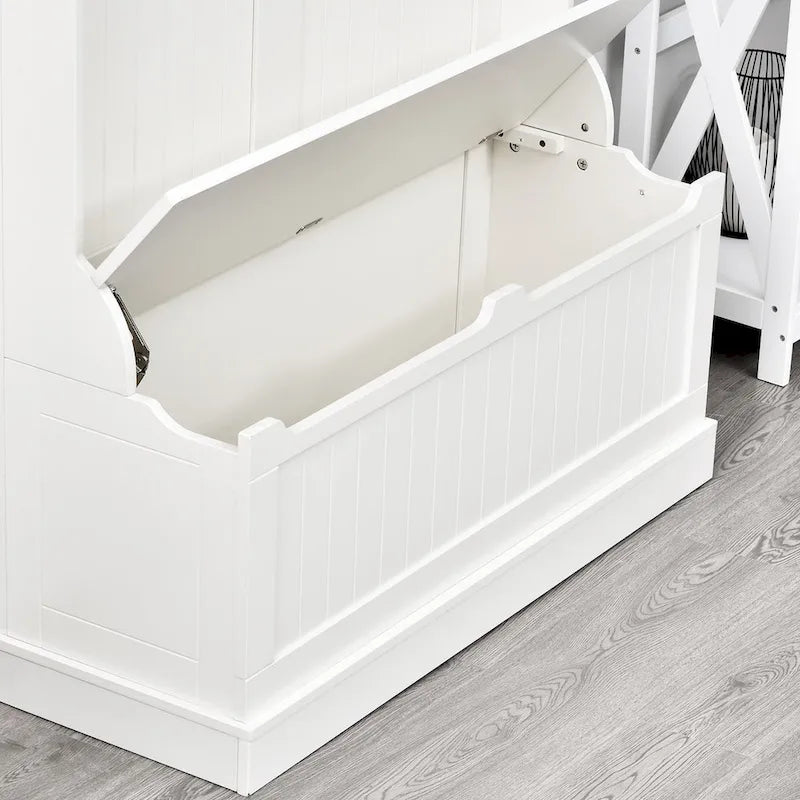 38 3-In-1 Entryway Hall Tree with Storage Bench, Coat Rack with Four Hooks and Shoe Storage, White