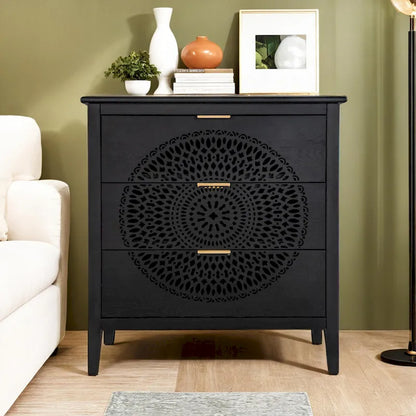 3 Drawer Cabinet with Hollow-Carved 3 Drawer Dresser Storage Chest with Metal Handles For Entryway Living Room Bedroom